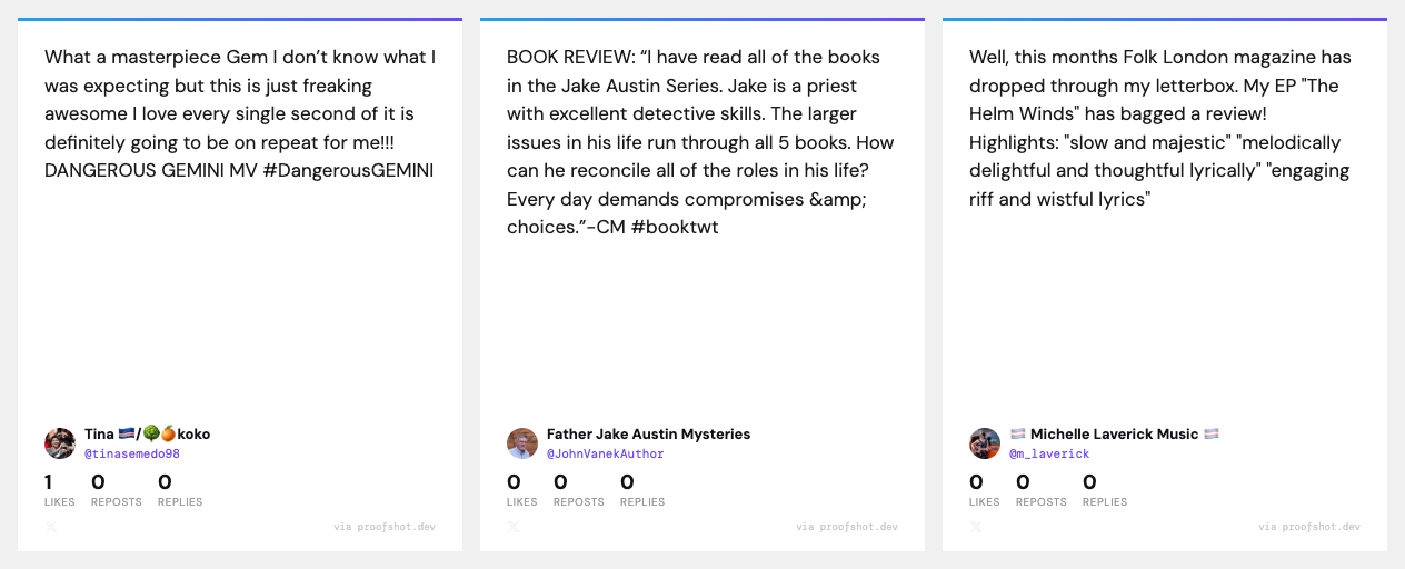 Wall of Love grid — three social proof cards side by side